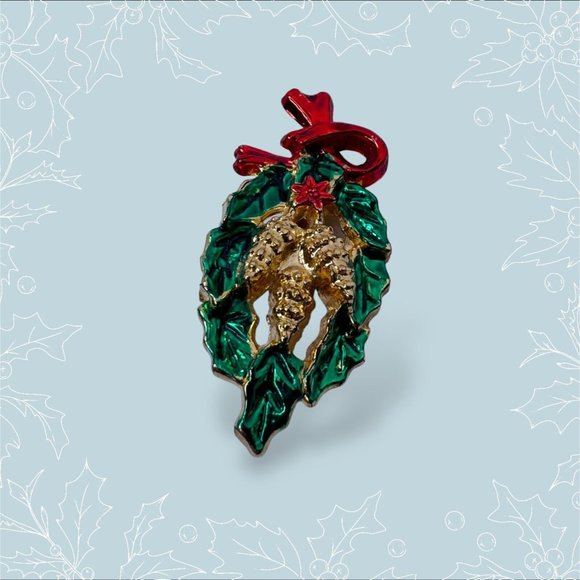AAI Christmas Brooch Pin Vintage Pinecone Wreath Green Red Goldtoned Holidays - Picture 4 of 6